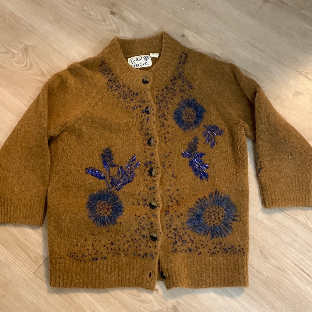 Anthropologie Brown Beaded Grandpa Sweater - Picture 2 of 8